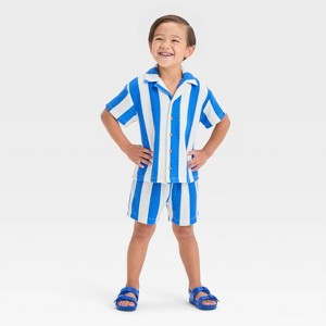Grayson Mini Toddler Boys' Short Sleeve Vertical Striped Thermal Knit Shirt and Shorts Set - Blue - 1 of 4