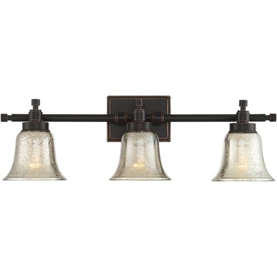 Possini Euro Design Varra Rustic Industrial Wall Light Bronze Hardwire 26 1/2" 3-Light Fixture Bell Mercury Glass Shade for Bedroom Bathroom Vanity