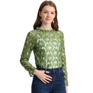 INSPIRE CHIC Women's Crochet Lace See-Through Ruffle Frill Neck Floral Elegant Blouse - 1 of 4