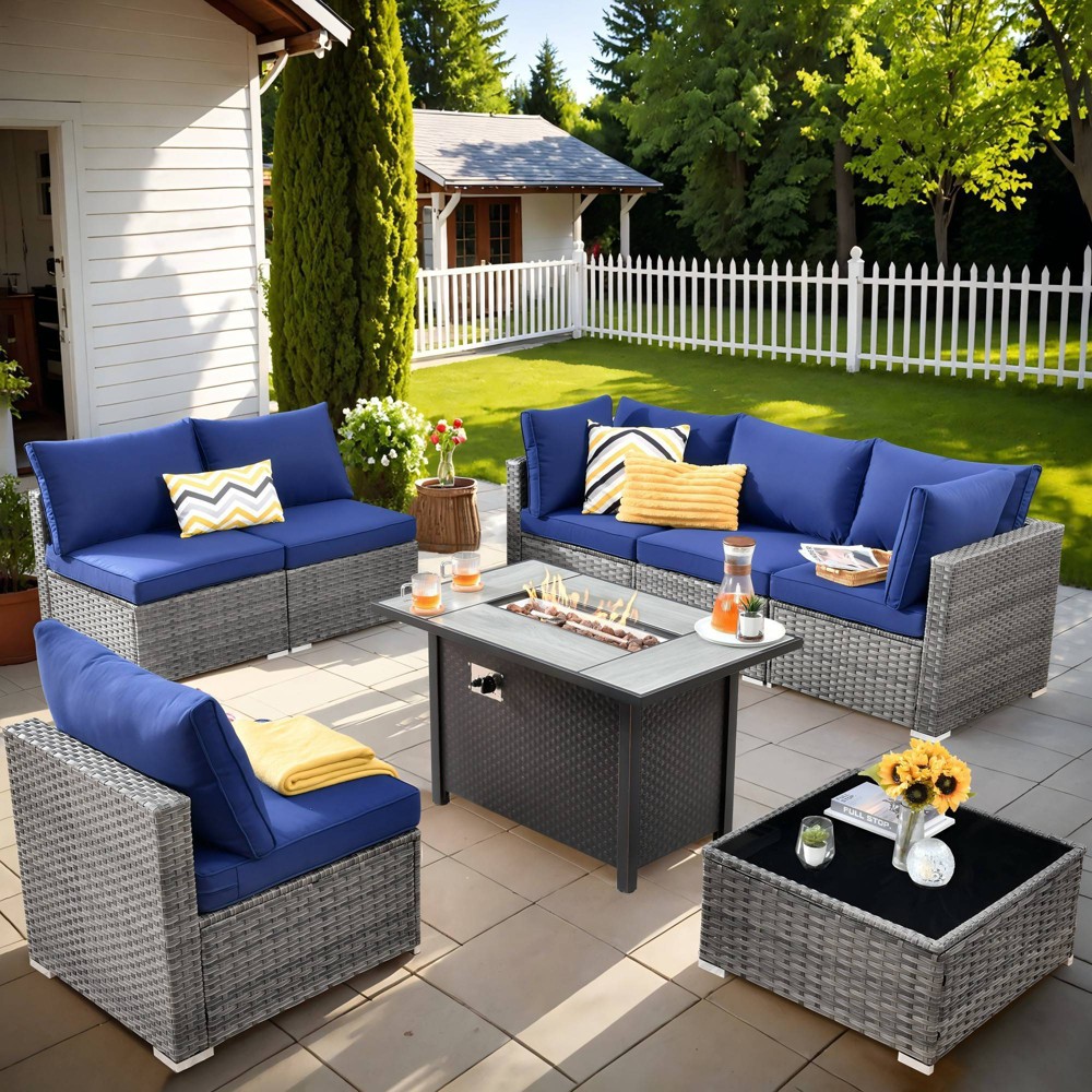 Photos - Garden Furniture Ovios Venice 8pc Wicker Outdoor Patio Furniture Set Conversation Sofa with a Metal Fire Pit and Orange Red Cushions