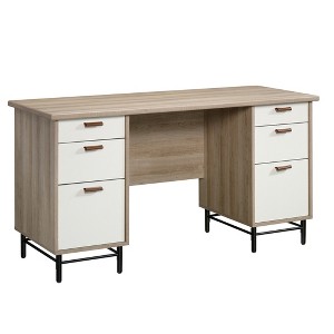 Vynxaria Executive Desk (Light Oak w/White Accents, Brown Finish) 56.3"L x22.13"W x29.53"H, Large Desktop, File Drawers, Metal Base - 1 of 4