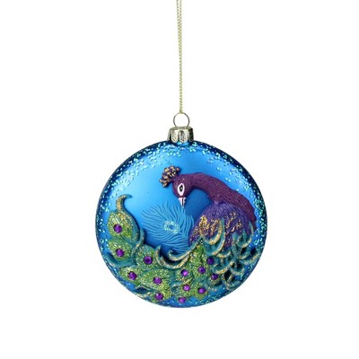 Northlight 4" Blue and Purple Glittered Peacock Christmas Disc Ornament