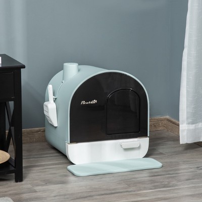 Covered Cat Litter Box with Lid and Tray for Indoor Cats Enclosed Hooded Design with Scoop Mat and Odor Filter - LAOTIES