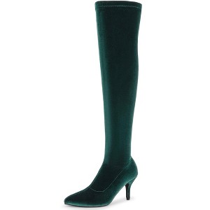 Perphy Women's Faux Velvet Pointy Toe Stiletto Heels Over the Knee High Boots - 1 of 4