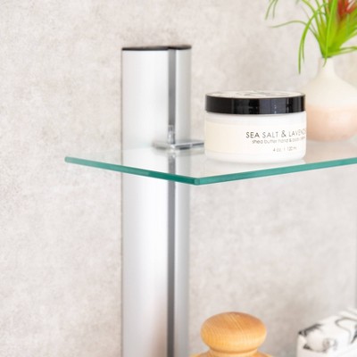 Black Glass and Wood Floating Wall Shelf Unit
