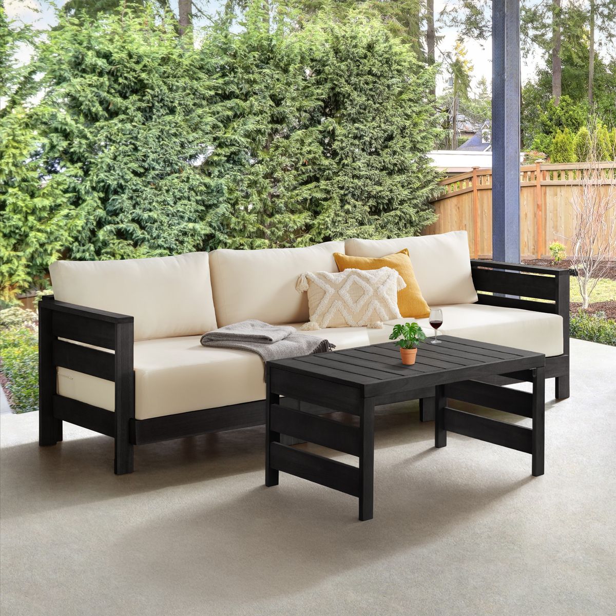 Alaterre Furniture Barton Outdoor Patio Furniture Set with Sofa and Coffee Table - Weather-Resistant Eucalyptus Wood Patio Furniture Set (Black) - thumbnail 6