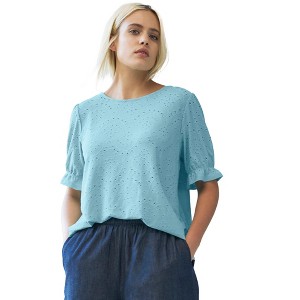 ellos Women's Plus Size Short Puff Sleeve Eyelet Tee - 1 of 4
