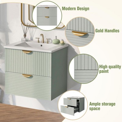 24" Green MDF Wall Mounted Bathroom Vanity with Ceramic Sink