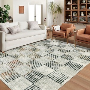 Area Rug Washable Non Slip Low Pile Rug Soft Faux Wool Non Shedding Floor Carpet, Stain Resistant Modern Abstract Rug for Bedroom, Living Room, Green - 1 of 4