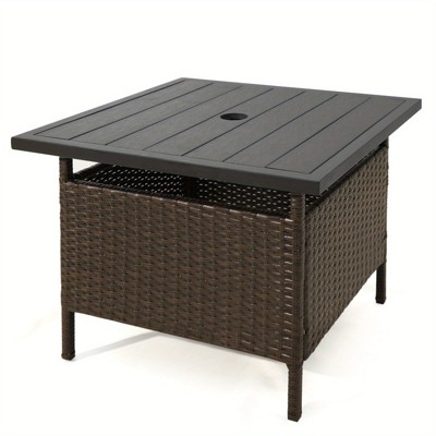 Dracelo 22 inch Black Square Rattan Patio Side Table with Umbrella Hole