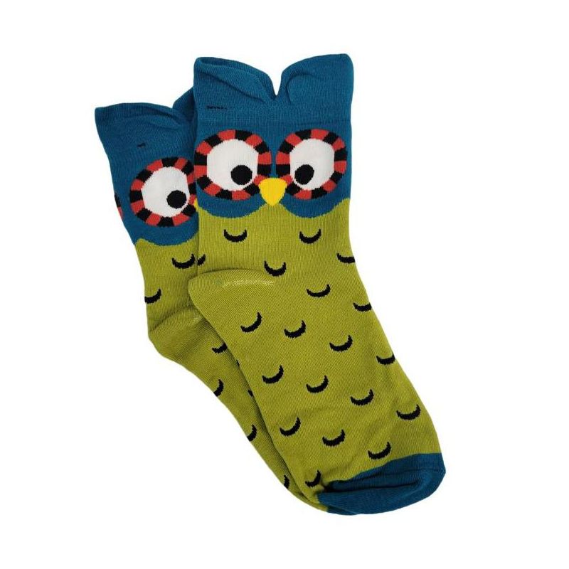 Colorful Owl Crew Socks (Women's Sizes Adult Medium) - Green and Blue from the Sock Panda, 1 of 2