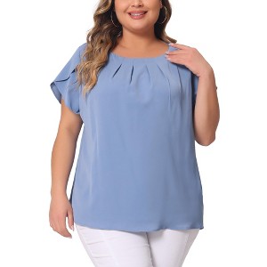 Agnes Orinda Women's Plus Size Elegant Pleated Petal Tulip Short Sleeve Office Work Summer Blouses - 1 of 4