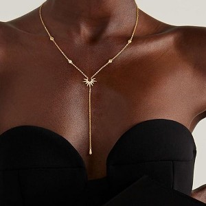 Dainty Lariat Gold Necklace for Women - HTUTWOO™ 14k Gold Plated/Silver Layered Long Necklaces, for Everyday Wear - 1 of 4