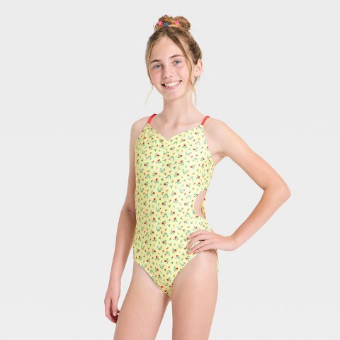 Art Class Girls' Flower Bouquet Toss One Piece Swimsuit - art class™ Yellow L