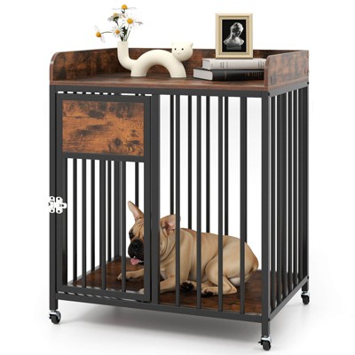 Costway Dog Crate Furniture with Wheels, Metal Frame, Lockable Casters, Wide Tabletop