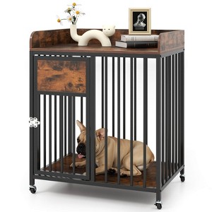 Costway Dog Crate Furniture with Wheels, Metal Frame, Lockable Casters, Wide Tabletop - 1 of 1