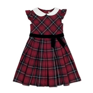 Hope & Henry Girls' Organic Flutter Sleeve Peter Pan Collar Party Dress, Oxblood City Plaid, 6-12 Months - 1 of 4