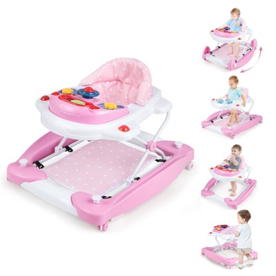 Infans 6-in-1 Foldable Baby Walker, Infant Activity Walker with Wheels, Adjustable Heights, Rocker, Music, Lights, Walker for Baby 7-14 Months, Pink