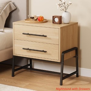 Nightstand w/ Drawers Light Wood Bedside Table, Wide Side Table w/ Metal Legs, Modern Night Stand Bed Side Tables for Bedroom Living Room - 1 of 4