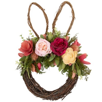 Northlight Wooden Floral Easter Bunny Ears Twig Wreath - 15"