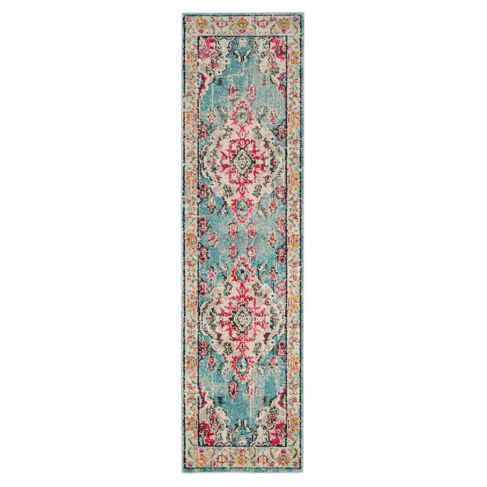 Light Blue/Fuchsia Medallion Loomed Runner 2'2inx6' - Safavieh