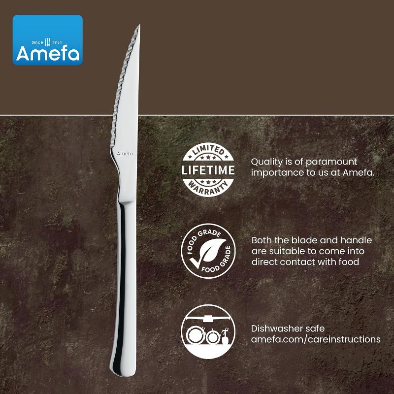 Amefa Chuletero Steak Knives, Set of 6, Hardened Stainless Steel, Hammered Ergonomic Handle Design, Micro Serrated Edge 4 Inch Blade Steak Knife, 5 of 7