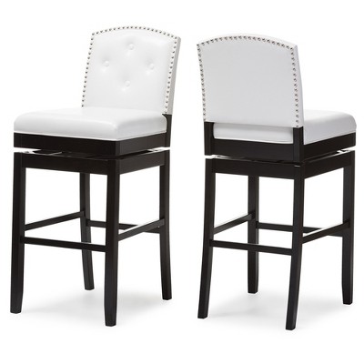 Set of 2 Ginaro Faux Leather Button Tufted Upholstered Swivel Barstools White - Baxton Studio: Nailhead Trim, Rubberwood Frame