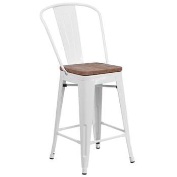 Merrick Lane Metal Dining Stool with Curved Slatted Back and Textured Wood Seat