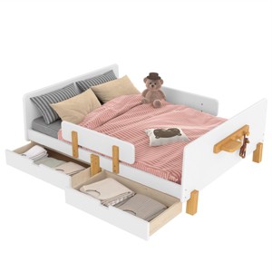 TopComfy Beds Full Size Platform Bed with Storage Drawers Solid Wood Beds Frame with Bed Guardrail for Bedroom, White, 78.74"*59.06"*23.23" - 1 of 4