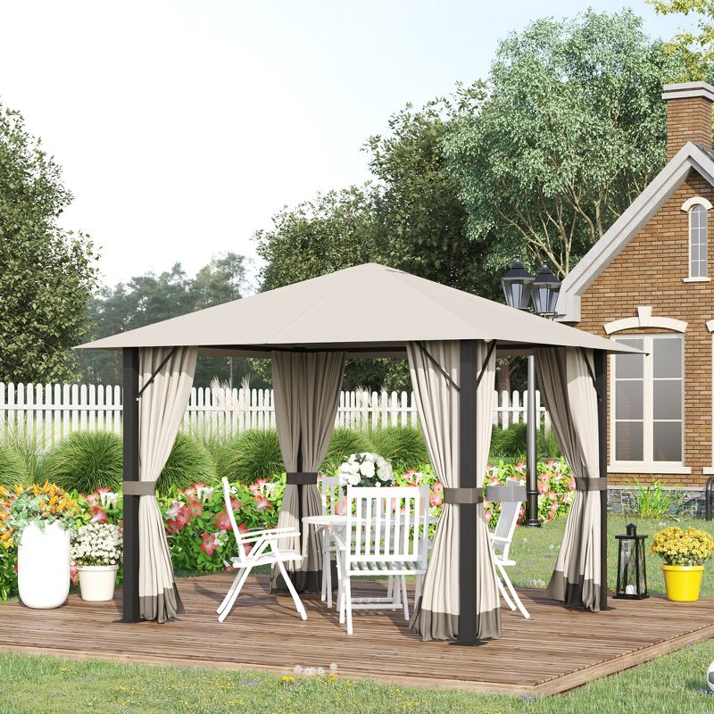Outsunny 9.7' x 9.7' Patio Gazebo Aluminum Frame Outdoor Canopy Shelter with Sidewalls, Vented Roof for Garden, Lawn, Backyard, and Deck, Khaki, 3 of 7