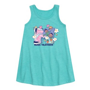 MTV Funky Flower Dude Graphic Sleeveless Aline Dress - Turquoise - Small - 1 of 2