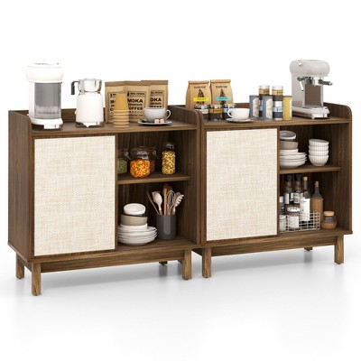 Tangkula 2PCS Rattan Buffet Sideboard w/ Adjustable Shelves Storage Cabinet & Sliding Door