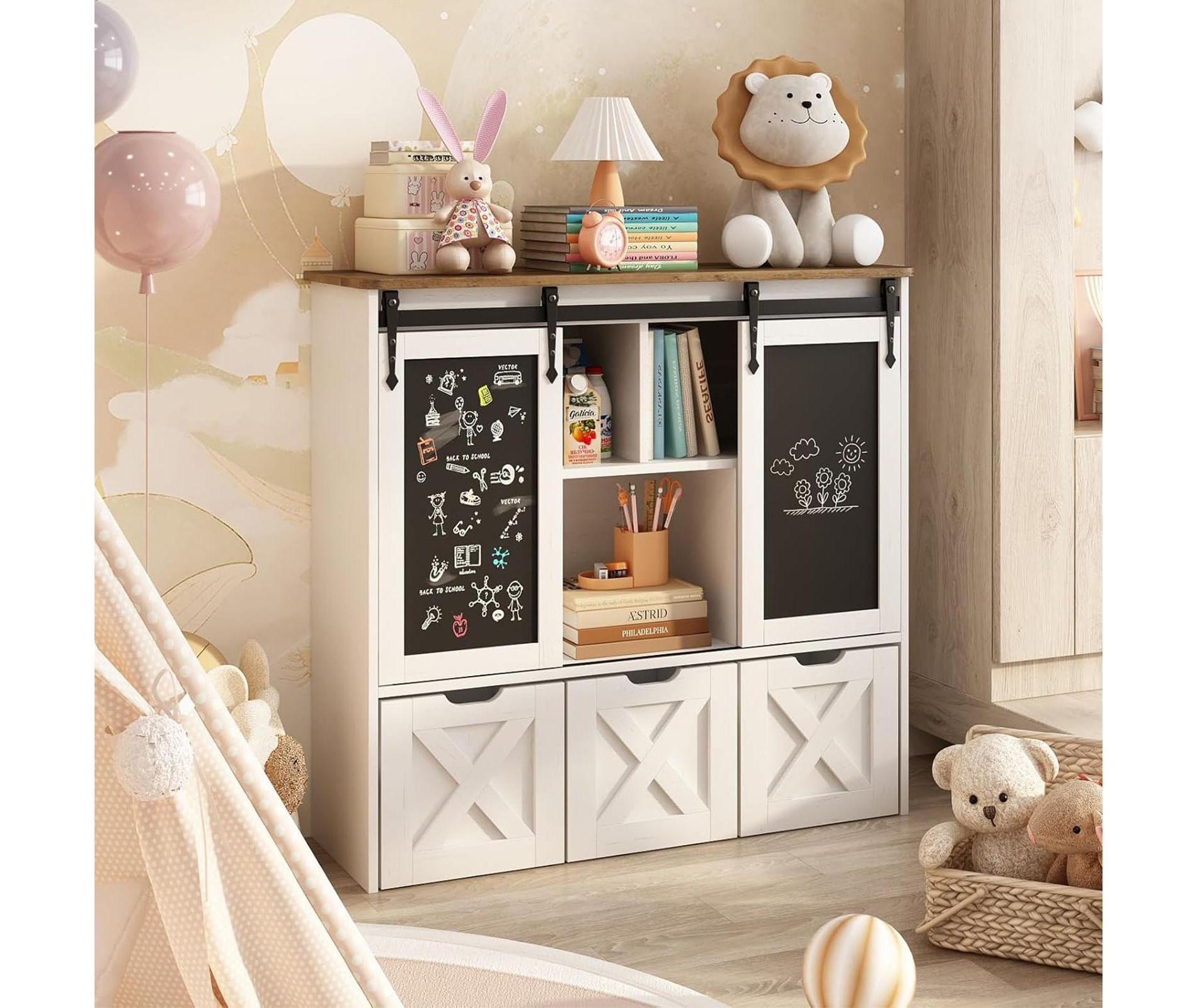 Toy Storage Organizer with Sliding Blackboard, Kids Bookcase with 3 Movable Drawers, Multifunctional Storage Cabinet