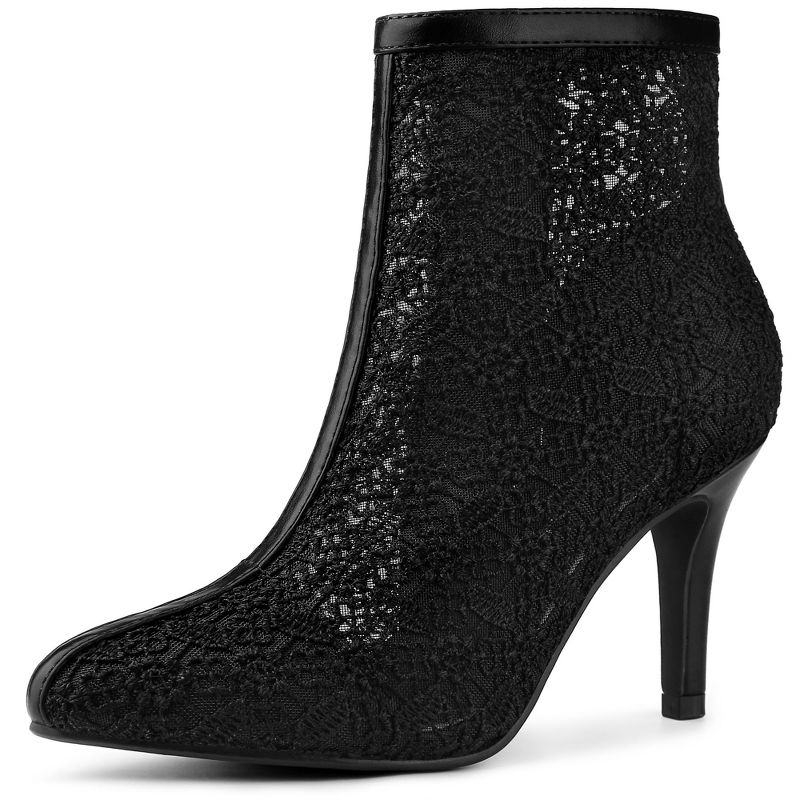Allegra K Women's Lace Mesh Floral Embroidered Stiletto Heels Ankle Boots, 1 of 8