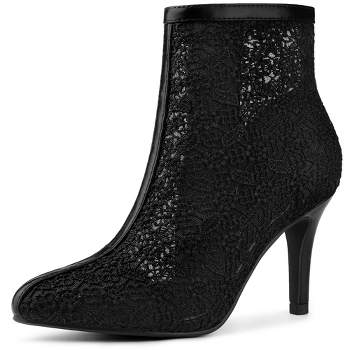 Allegra K Women's Lace Mesh Floral Embroidered Stiletto Heels Ankle Boots