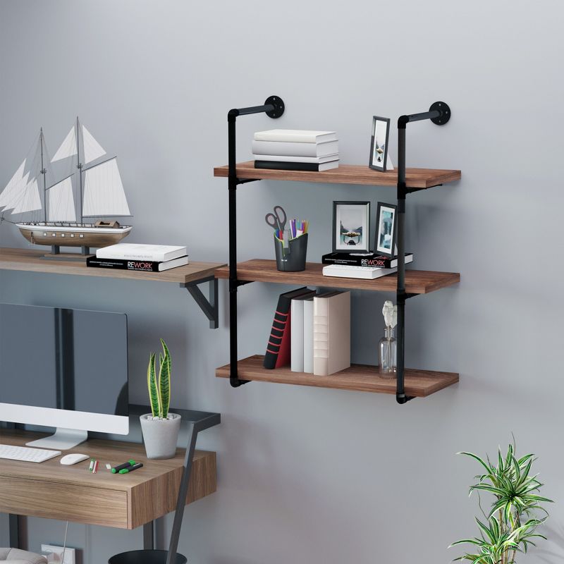 HOMCOM 3-Tier Industrial Pipe Shelves, Floating Wall Mounted Bookshelf, Metal Frame Display Rack for Living Room or Bedroom, Rustic Brown, 2 of 9