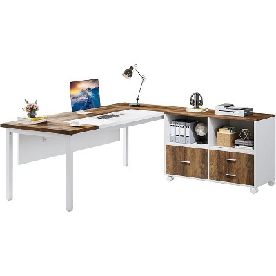Tribesigns L Shaped Desk with Drawer Cabinet, Executive Computer Desk with Hanging Lettle Size Cabinet for Home Office