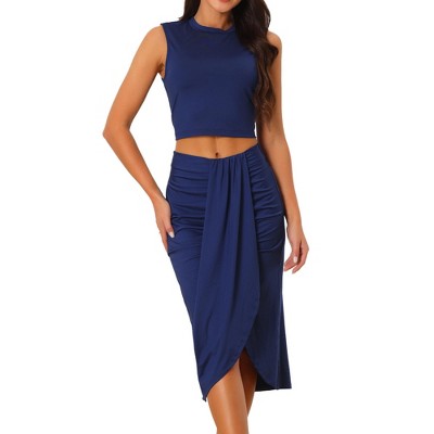 Seta T Women's Casual Sleeveless Summer Two Piece Crop Top and Side Split Draped Ruched Skirt Set