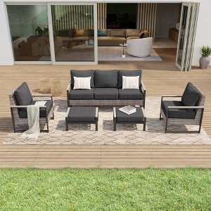 Sonkuki 5 Pieces Patio Sofa with Ottomans Set, All-Weather PE Rattan Wicker, Small Patio Conversation Couch with Cushion - 1 of 4