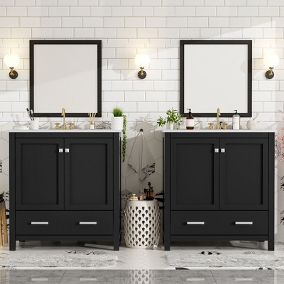 Okak 60" Double Bathroom Vanity with 2 Sink Painted Finish, Bathroom Sink Vanities with Multi-functional Combo Cabinet & Storage Shelf, Black