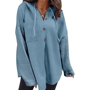 Women's Oversized Color Block Hoodie - Long Sleeve Button Front Casual Pullover for Streetwear & Loungewear - 1 of 2