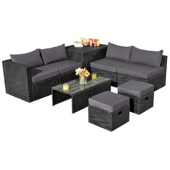 Tangkula 8PCS Patio Conversation Set Sectional Sofa Set, All-Weather PE Rattan, Tempered Glass Table & Washable Cushion Covers