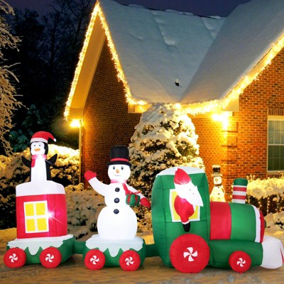 Costway 11.5 FT Christmas Inflatables Train with Snowman Penguin Built-in LED Lights