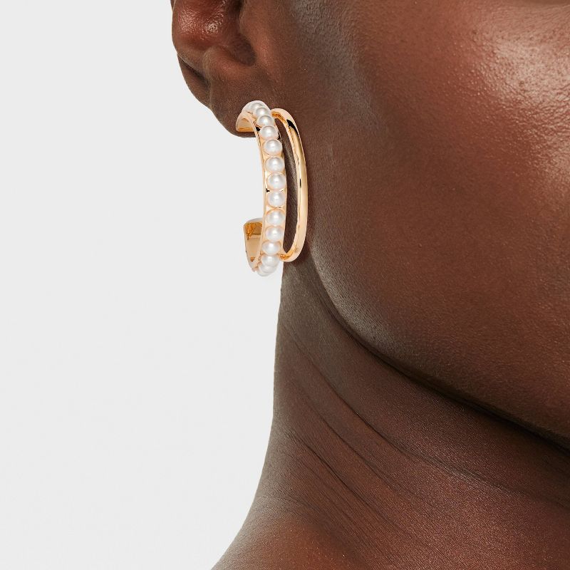 Pearl Double Illusion Hoop Earrings - A New Day&#8482; Gold, 3 of 7
