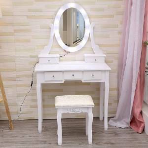 Whizmax Vanity Desk with Mirror and Lights, Wood Makeup Dressing Table with Oval Mirror & Stool,3 Colors Lighting Modes,White - 1 of 4