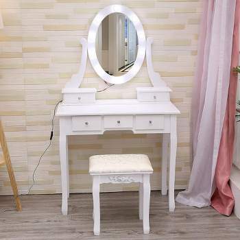 Whizmax Vanity Desk with Mirror and Lights, Wood Makeup Dressing Table with Oval Mirror & Stool,3 Colors Lighting Modes,White