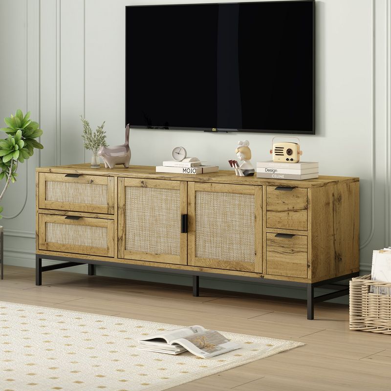 59.09" Elegant Rattan TV Stand with Adjustable Shelves and Wood Grain Finish - ModernLuxe, 1 of 10