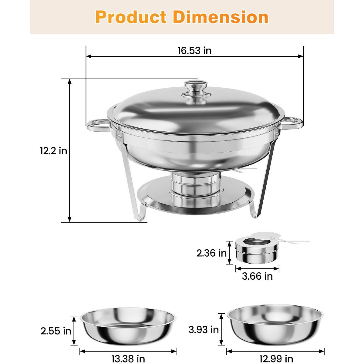 Garvee 2Pcs Chafing Dish Buffet, 5 QT Stainless Steel Chafer Food Warmer with Lids, Round Food Grade, Sliver - thumbnail 6