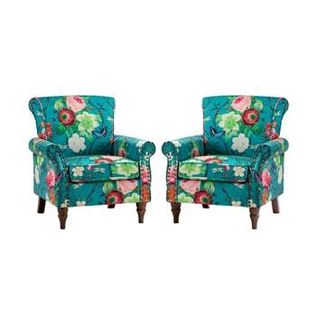 Set of 2 Araceli Traditional Wooden Upholstered Floral Armchair with Wingback and Nailhead Trim | ARTFUL LIVING DESIGN