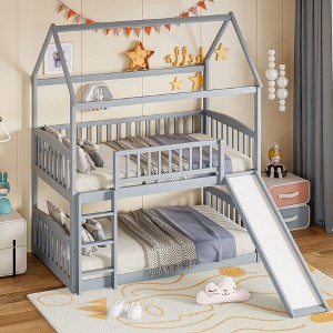YOOCOZZ Twin Over Twin Bunk Bed with Slide, House Bed with Slide - 1 of 4